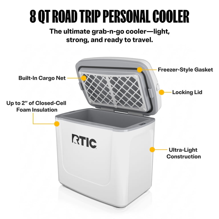 RTIC, Road Trip 8 QT Personal Cooler, Fits 12 Cans, White & Grey