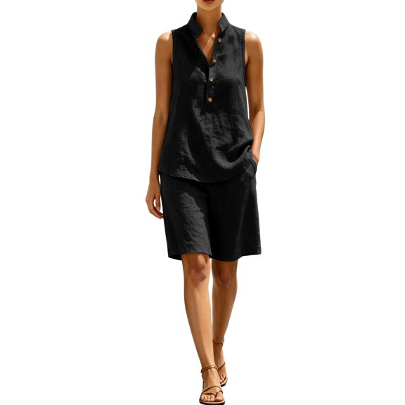 PUMXQ Women Cotton Linen 2 Piece Matching Outfits Mandarin Henley Partial Button Sleeveless Oversized Mid Length Tunic Tops Side Pocket Bermuda Shorts Casual Beach Vacation Resort Set Black L