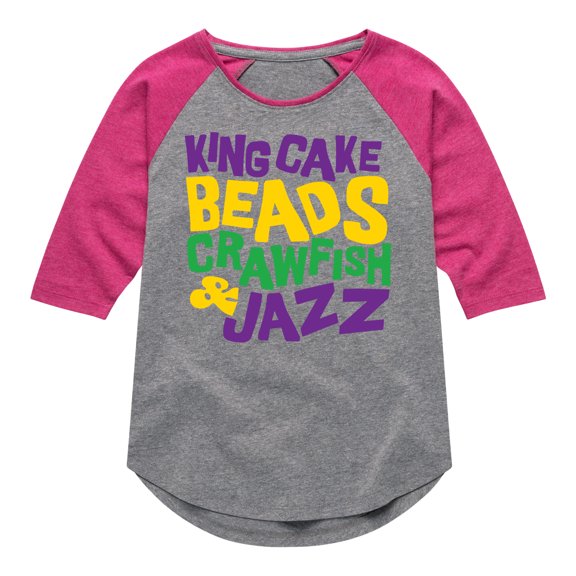 Instant Message - King Cake Beads Crawfish Jazz - Toddler & Youth Girls Raglan Graphic T-Shirt