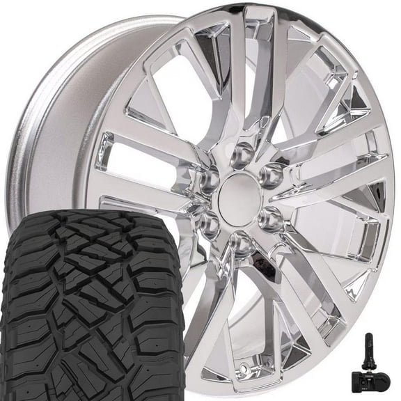 OE Wheels CV38 22 Inch Rims and Tires Fit Sierra 1500 Style 6x139.7 22x9 Chrome - Hollander 5903 - TerraMax RT 285/45-22 (Set of 4)