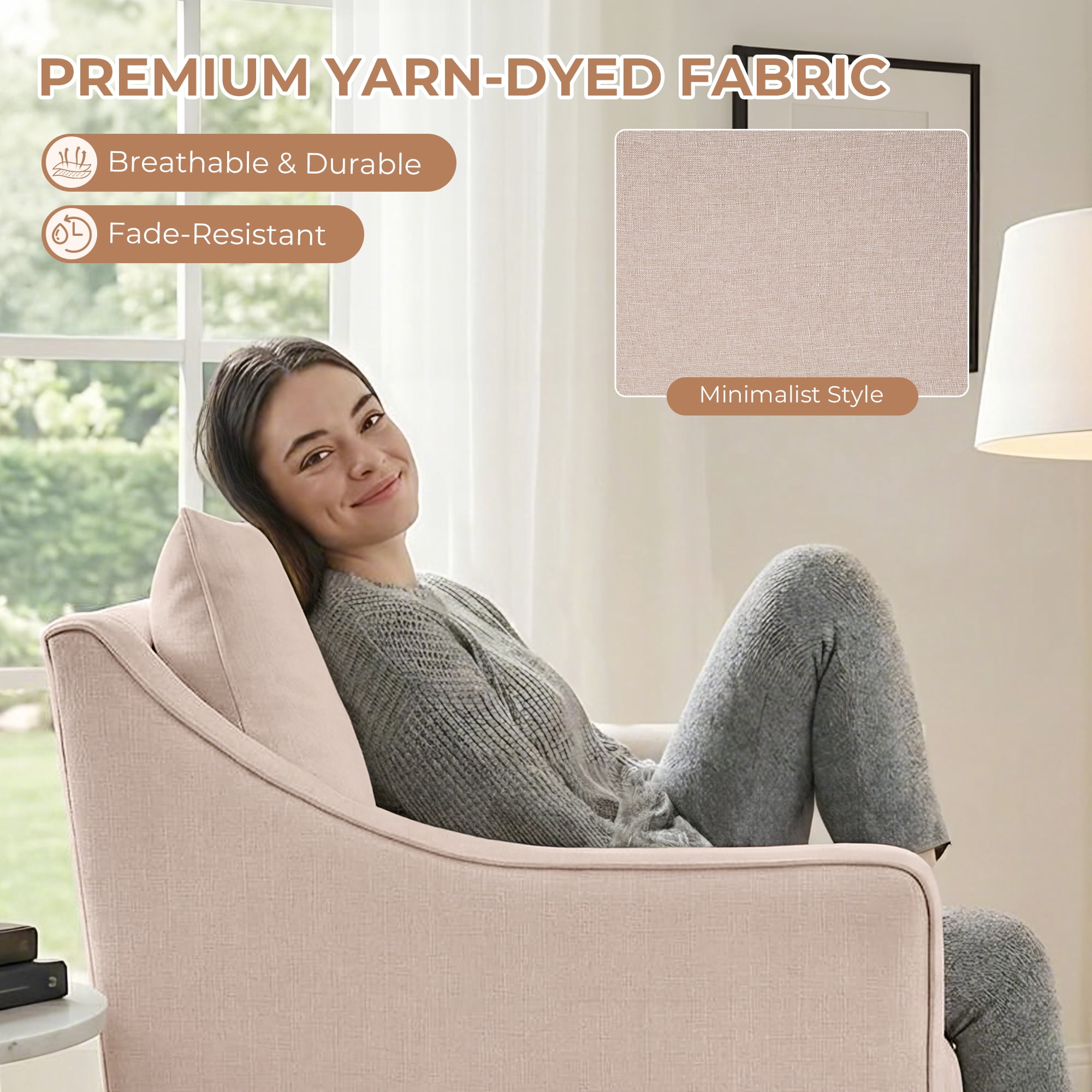 EBELLO Upholstered Accent Chair，Yarn-Dyed Fabric Swivel Chair, Modern Minimalist Armchair with Lumbar Pillow(Single Pack,Beige)