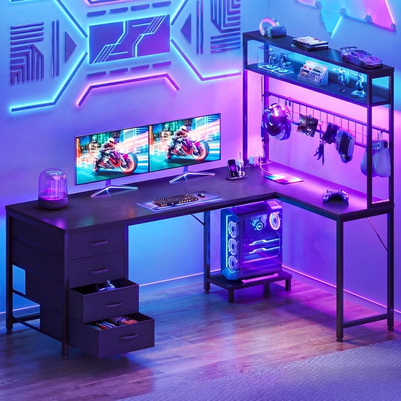 Casacomoda 59" L-Shaped Gaming Desk with 4 Fabric Drawers, LED Lights & Power Outlets, Reversible Corner Computer Desk with Hutch, Shelves & Pegboard for Home Office, Black
