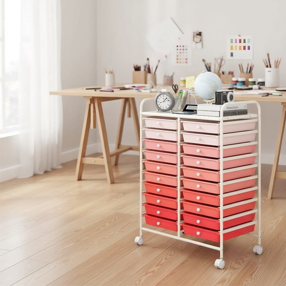 Barara King File Cabinet, Filing Cabinet Organizer,20 Drawers Rolling Storage Cart Studio Organizer-Pink