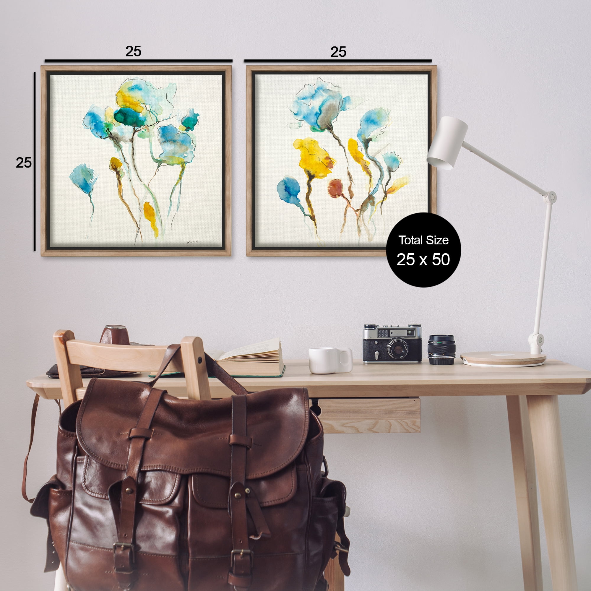Stupell Industries Watercolor Teal & Yellow Flowers Abstract Painting Brown Floater Framed Canvas Art Print Wall Art, 25 x 25, Set of 2