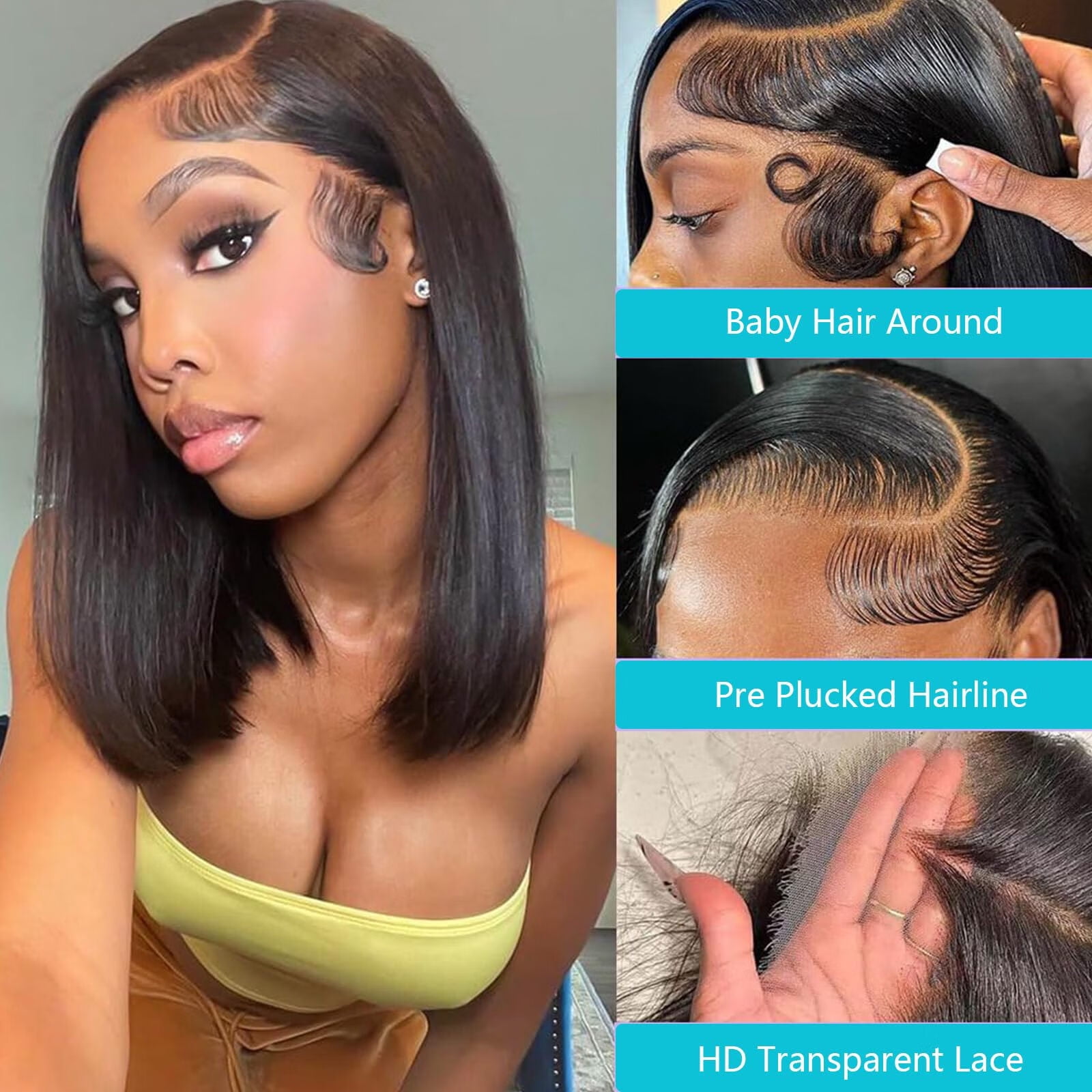 Human Hair 180 Density 13x4 Lace Front Bob Wig Straight Pre Plucked 14 Inch Bob Wig Human Hair Lace Front Wig Human Hair 100  main image 2