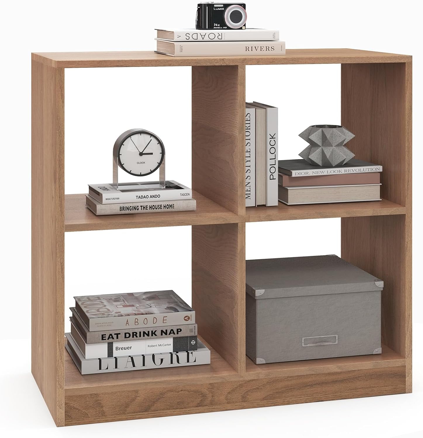 Cube Bookcase, 2-Tier Book Shelf with 4 Cubes, Small Bookshelf Under Window, Cubical Storage Shelves for Bedroom, Living Room, Home Office (Natural, 4 Cube)