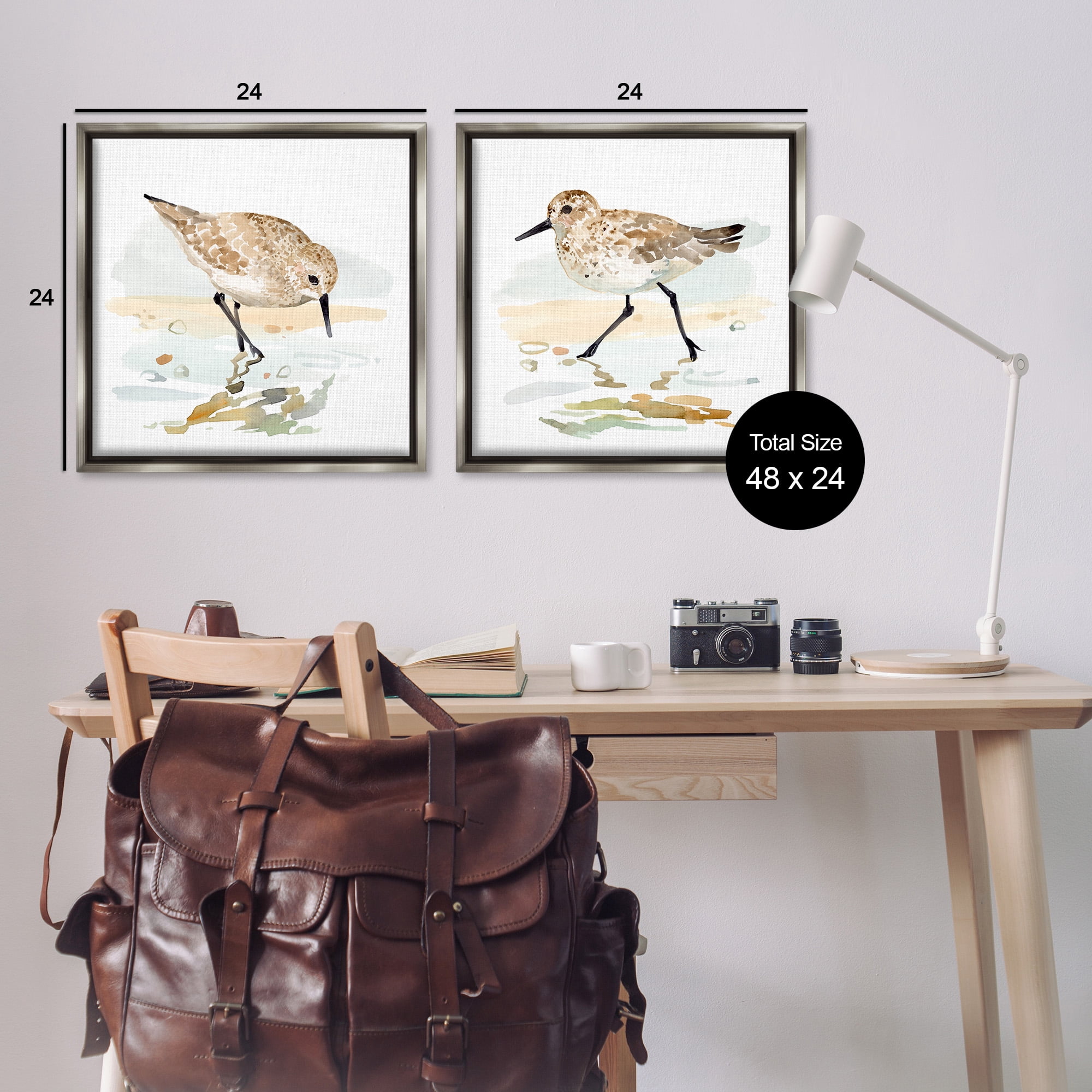 Stupell Industries Sea Birds on Shore Animals & Insects Painting Gray Floater Framed Canvas Art Print Wall Art, 25 x 25, Set of 2
