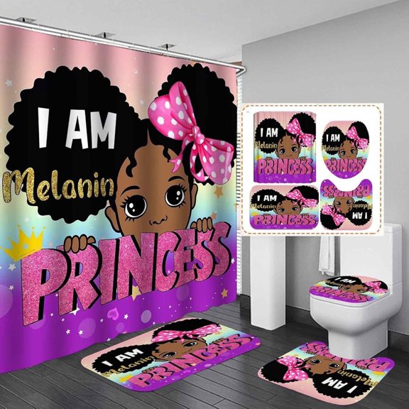 Black Girl Shower Curtain Set 4-Piece Waterproof Polyester 72x72 Inch, Butterfly & Girl Silhouette Design with Non-Slip Bath Mat, Inspirational Bathroom Decor Includes 12 Hooks