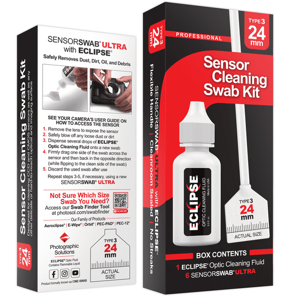 Sensor Cleaning Swab Kit - Eclipse Optic Cleaning Solution (0.5oz/15ml)   Type-3 Sensor Swab Ultra 24mm (Pack of 6) - for Full Frame CMOS and CCD Sensors - Dust & Oil Remover