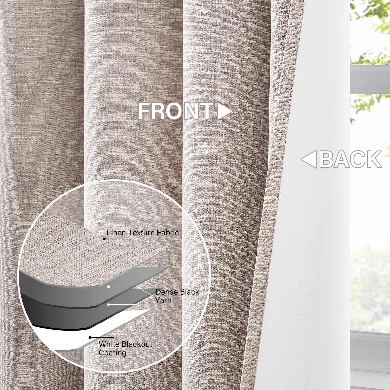 Top Finel Grommet Top Blackout Curtains, Linen, 52" x 90", 2 Panels