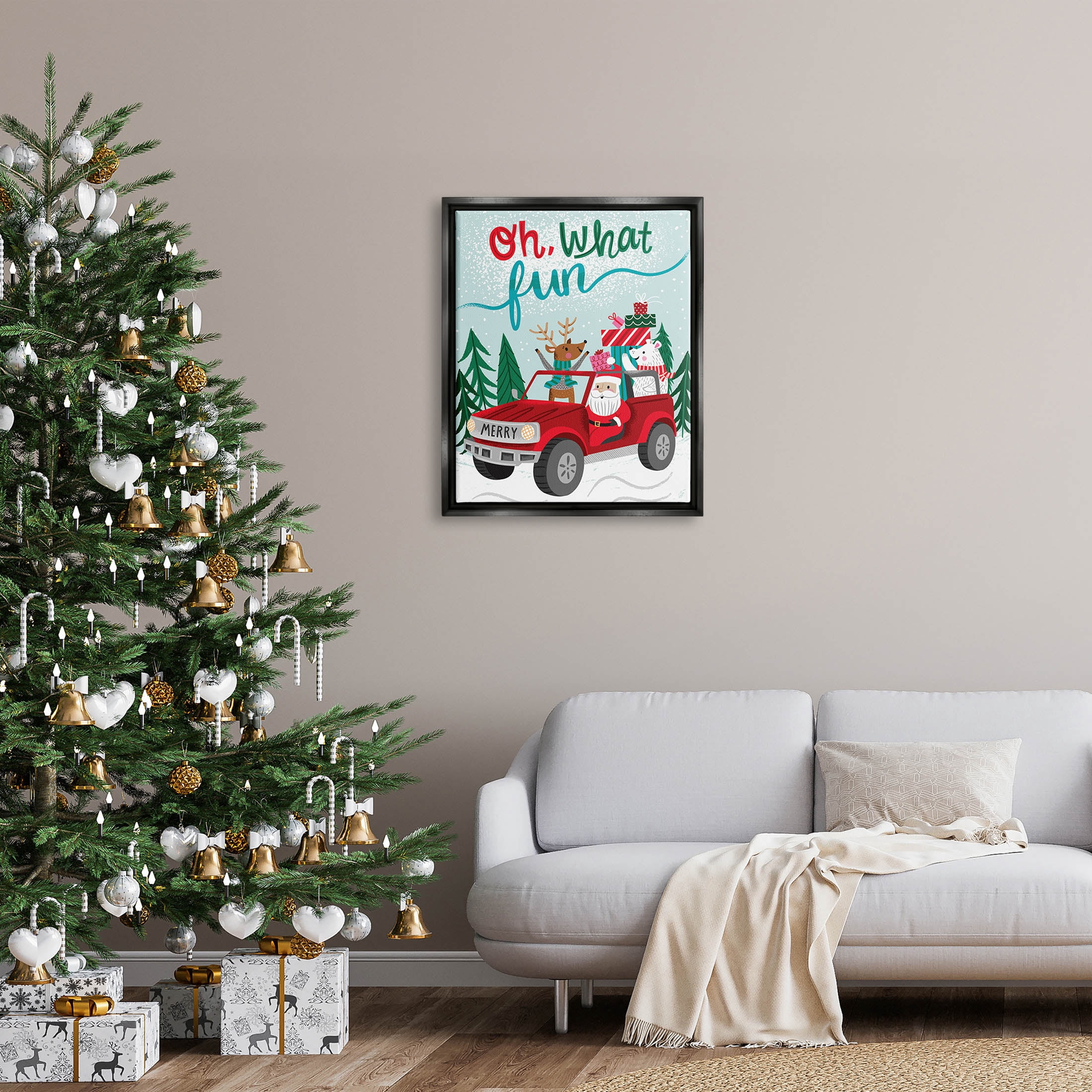 Oh What Fun Santa Driving Gifts Holiday Graphic Art Jet Black Framed Art Print Wall Art