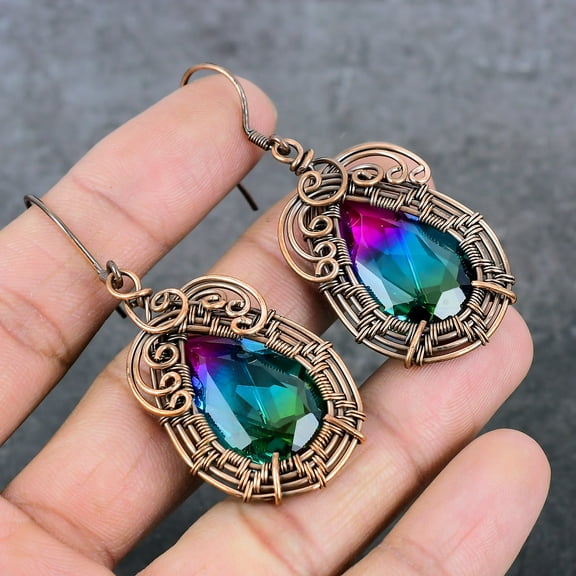 Natural Bi-Color Tourmaline Copper Wire Wrap Gift Jewelry Earring 2.64"