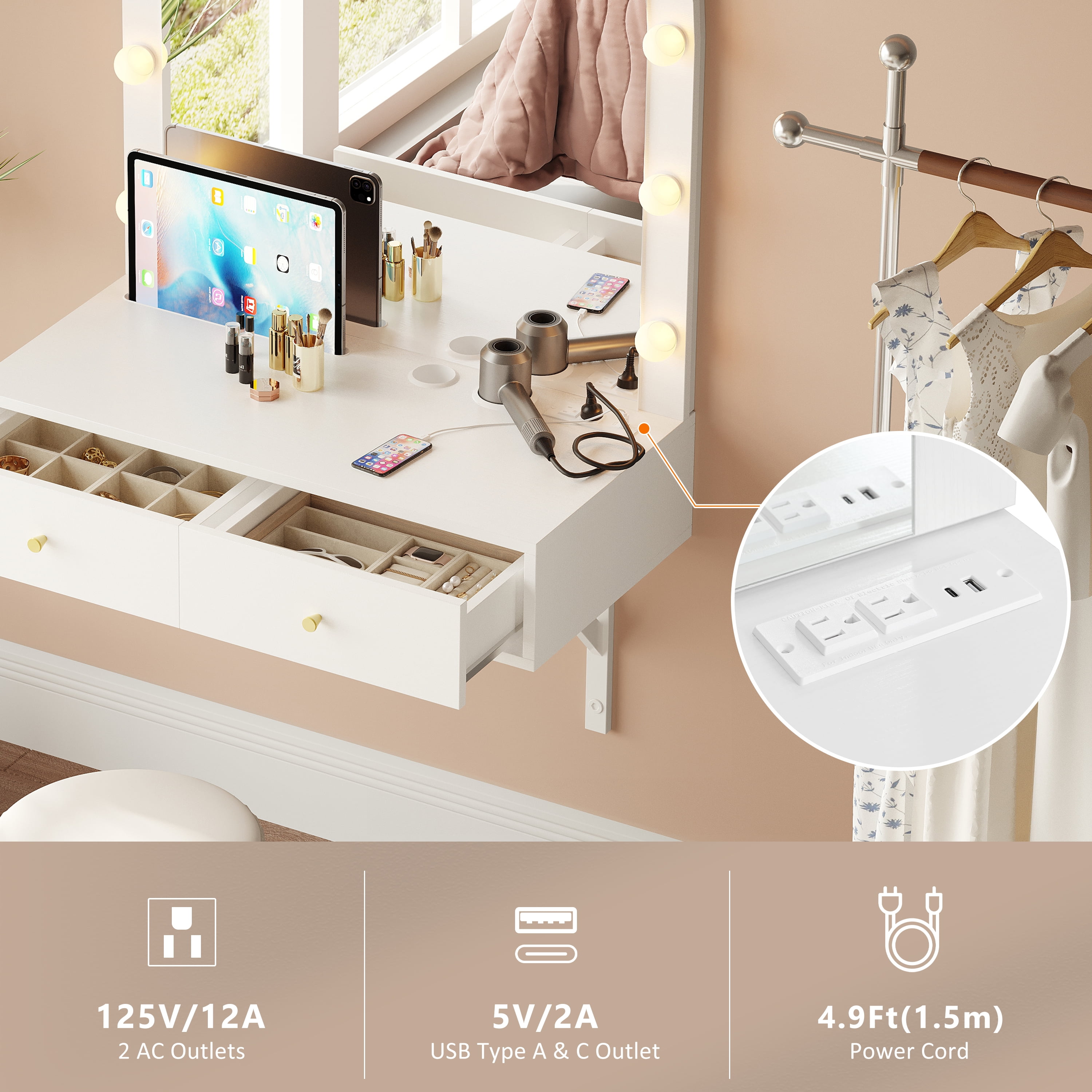 GARITIN Floating Makeup Vanity Desk 31.5 Inch, Wall Mounted Dressing Table with LED Mirror and Power Outlet for Bedroom Bathroom, White