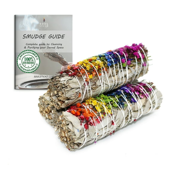 Soul Sticks 3 Pack Energy Wheel Floral White Sage Smudge Sticks with Flowers with Smudging Guide