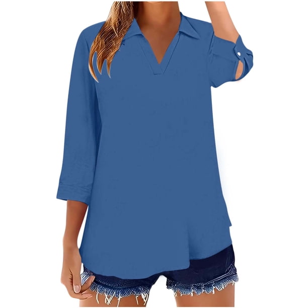 Mujeres 3/4 Manga Tops Y Blusas Color Sólido Turndown Cuello en V Suéter, 3/4 Manga Tops Casual para las Mujeres Suave Blusa de Poliéster, Ligero Primavera Verano Camiseta de Moda