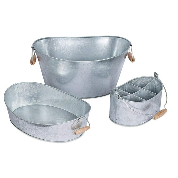 BirdRock Home Galvanized Beverage Tub, Caddy and Tray Set - 3 Piece