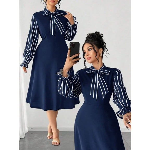 Navy Blue Plus Size Womens Elegant Long Sleeve Striped Tie-Neck Flared A-Line Dress For Autumn Winter Outings