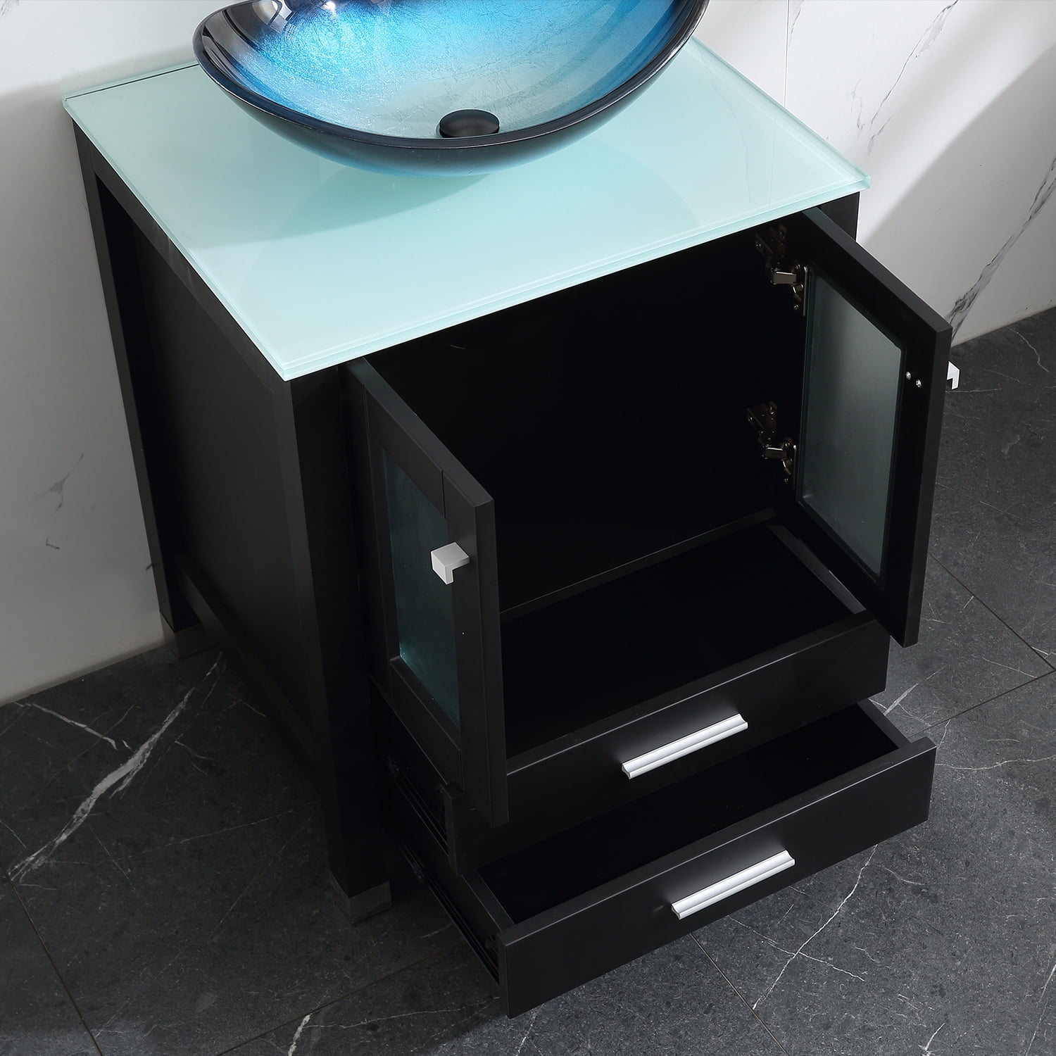 Wonline 24" Black Bathroom Wood Vanity Cabinet & Tempered Glass Vessel Sink Bowl + Faucet /Drain