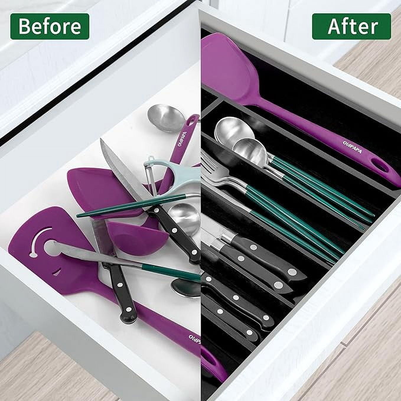 Utoplike Bamboo Black 5-7 Slots Silverware Drawer Organizer, Expandable Kitchen Utensils Drawer Organizer, Cutlery Tray, Flatware Caddy Drawer Insert