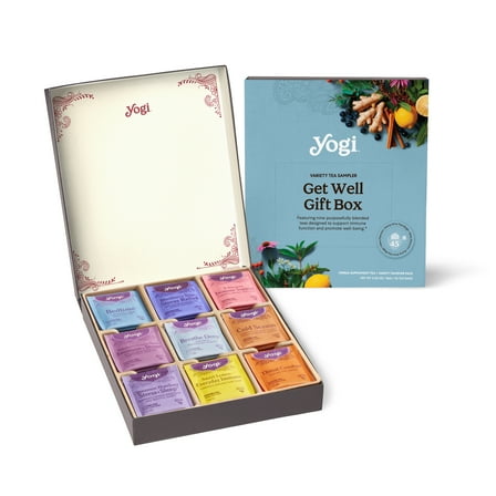 Get Well Yogi Tea Organic Sampler Gift Box - 5 Tea Bags per Flavor (45 Tea Bags) - Assorted Delicious Wellness Teas - 9 Herbal Teas - Caffeine-Free Tea Variety Pack - Tea Gift Set