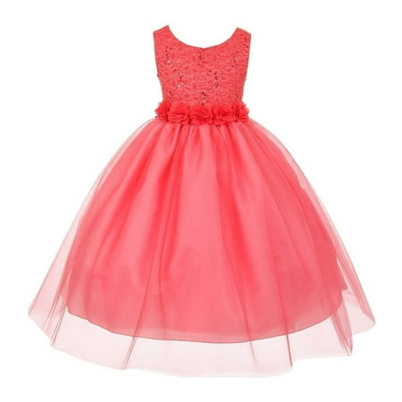 Cinderella Couture - Girls Coral Chiffon Floral Adorned Sequin Lace ...