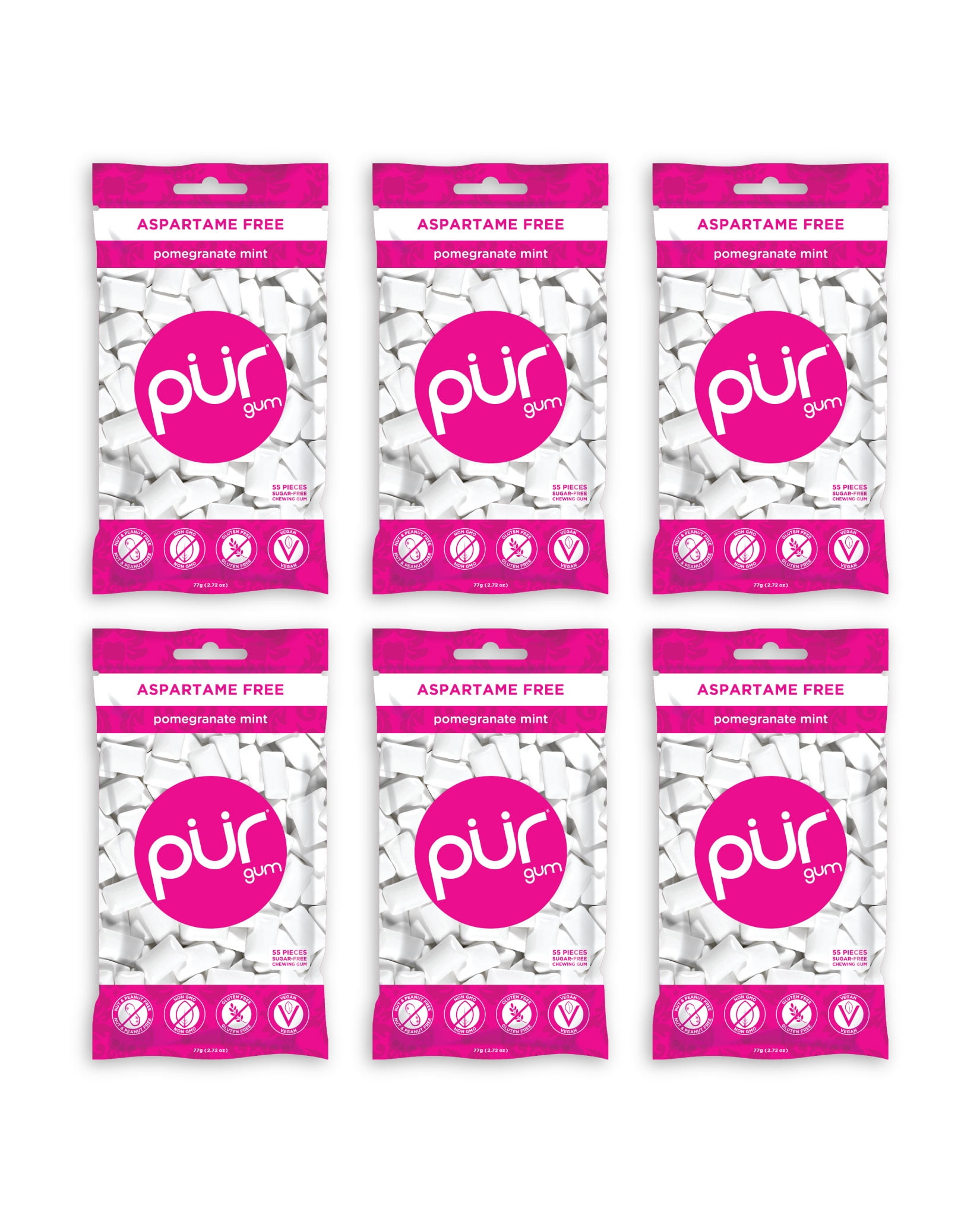 PUR Gum Sugar Free Chewing Gum with Xylitol - Natural Pomegranate Mint Flavor - 55 pieces (6 pack)