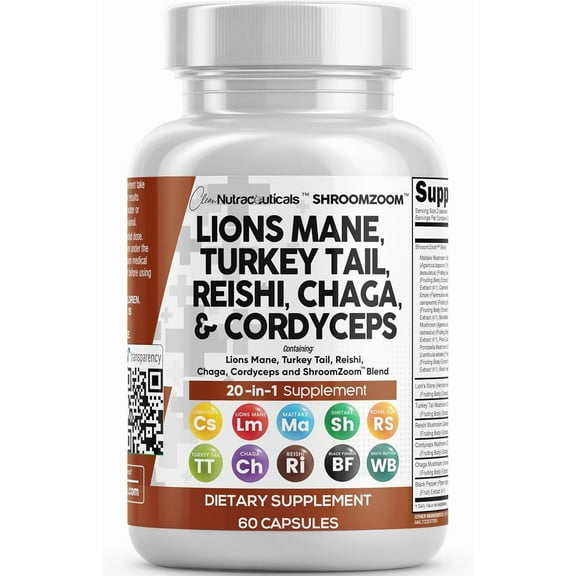 Clean Nutraceuticals Lions Mane 20in1 Mushroom Supplement with Turkey Tail Reishi Cordyceps Chaga Maitake Meshima Poria Cocos Shiitake Oyster Porcini Enoki - 1 Pack
