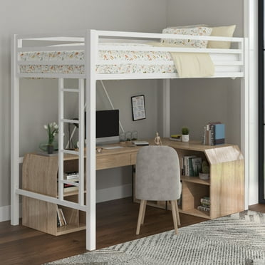 Twin Loft Bed Frame with Ladder and Guard Rail, Pure White