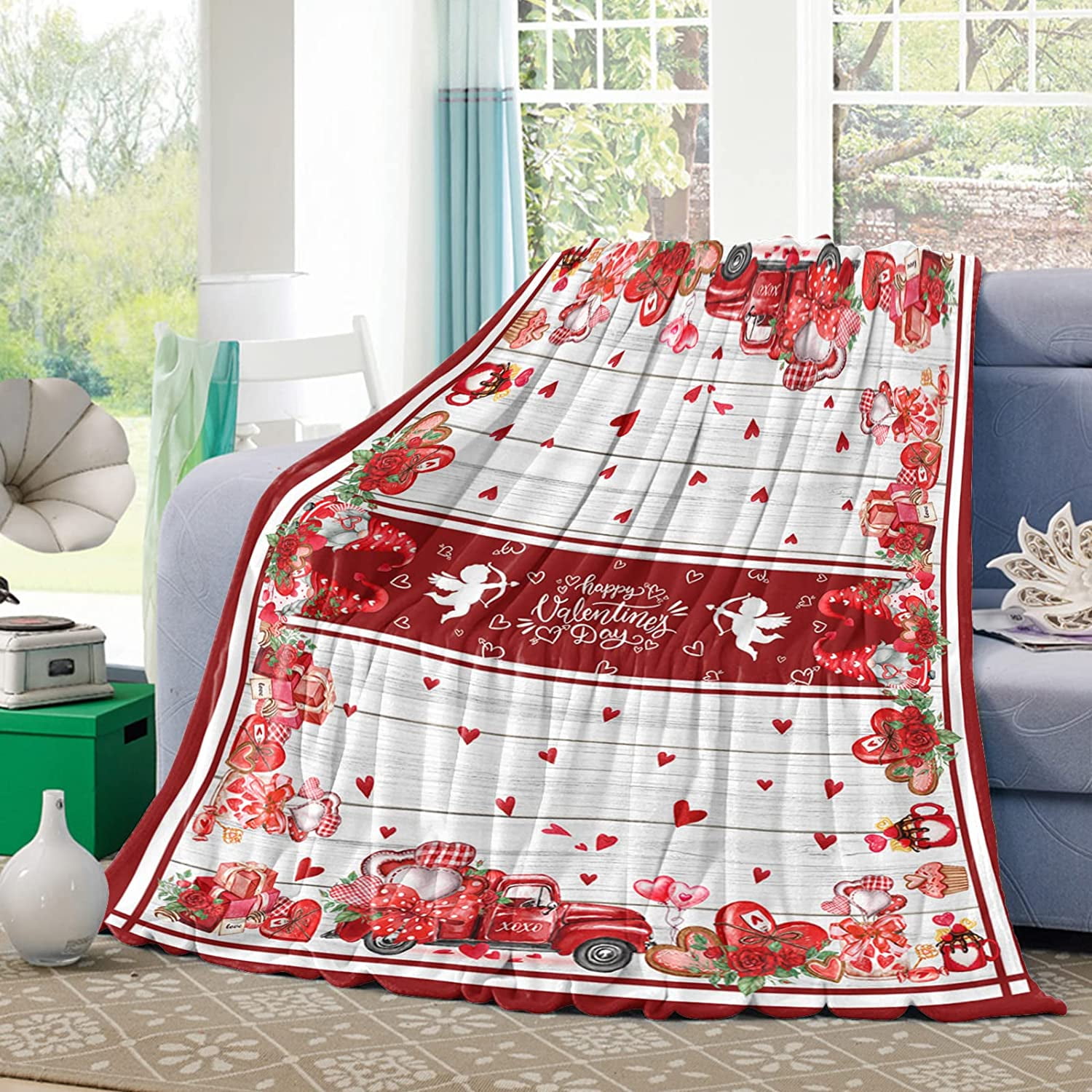 Valentine's Day Throw Blankets, Blossom Rose Flower Farm Red Truck