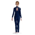 thumbnail image 2 of Miutii Kids Girls Rhinestones Long Sleeves Full Body Jumpsuit Romper Leotard Gymnastics Unitards Dancewear Navy Blue 8, 2 of 5