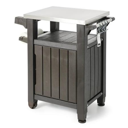 Keter Unity 40 Gal Patio Storage Grilling Bar Cart w/Stainless Steel Top, Brown
