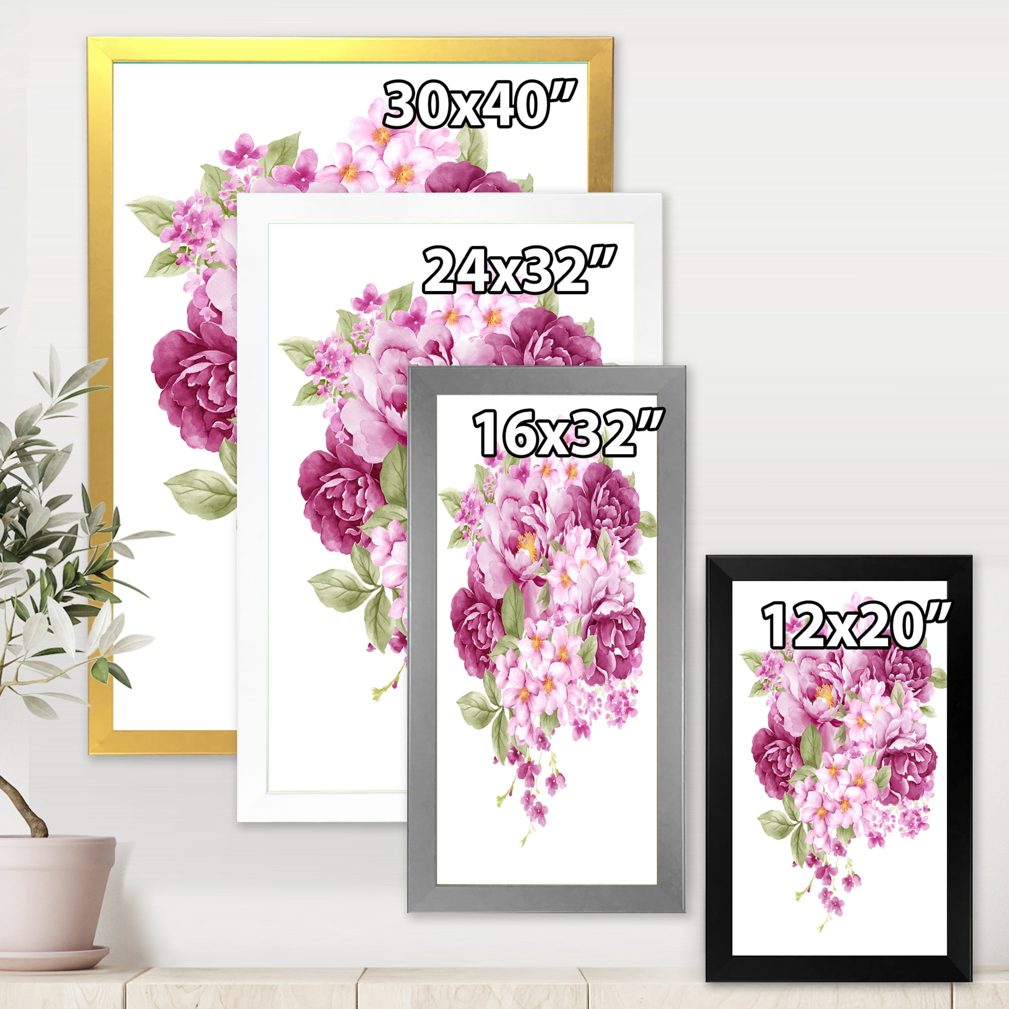 Designart 'Bouquet Of Pink Retro Flowers' Traditional Framed Art Print