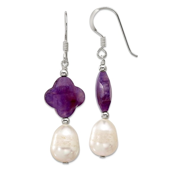 925 Sterling Silver Amethyst and Freshwater Cultured Pearl Shepherd Hook Earrings 47.5x13mm Wide Stud Earring for Women