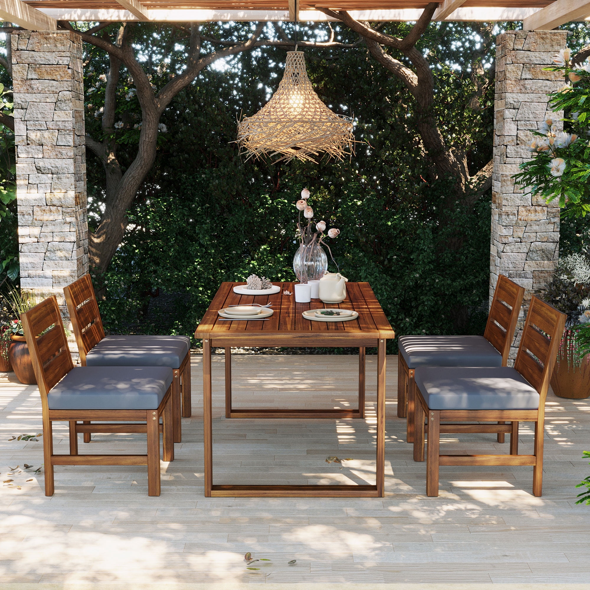 Mintazer 59" 5-Piece Outdoor Dining Set with Chairs & Cushioned, Farmhouse Patio Furniture Set for Garden Backyard Poolside, Brown & Gray