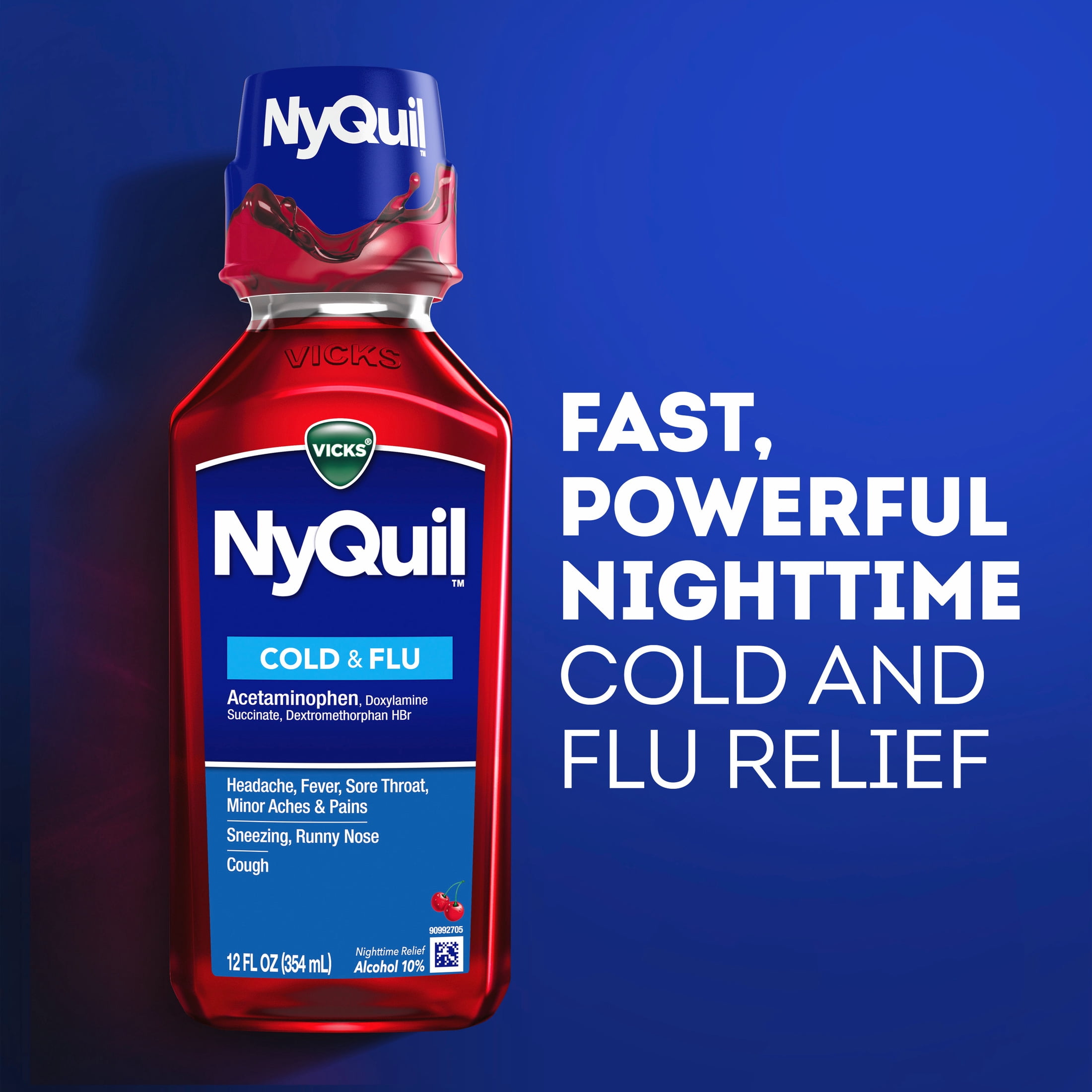 Vicks NyQuil Cold & Flu Liquid, Nighttime Cold and Flu Medicine, Cherry, 12 fl oz