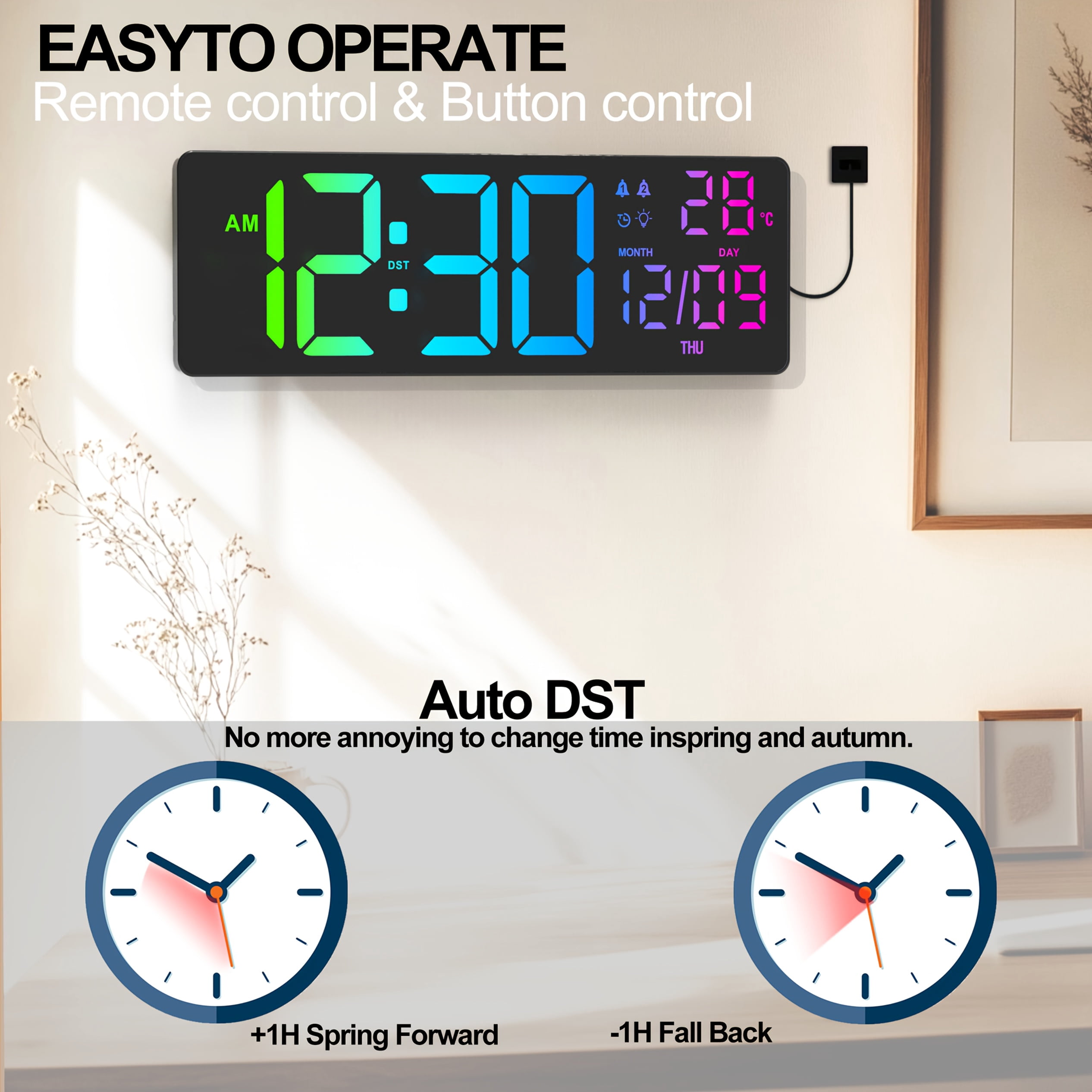 Large Digital Alarm Wall Clock with Remote, Calendar, Temp/Humidity, Timer, 11 RGB Colors for Bedroom, Office, Gift