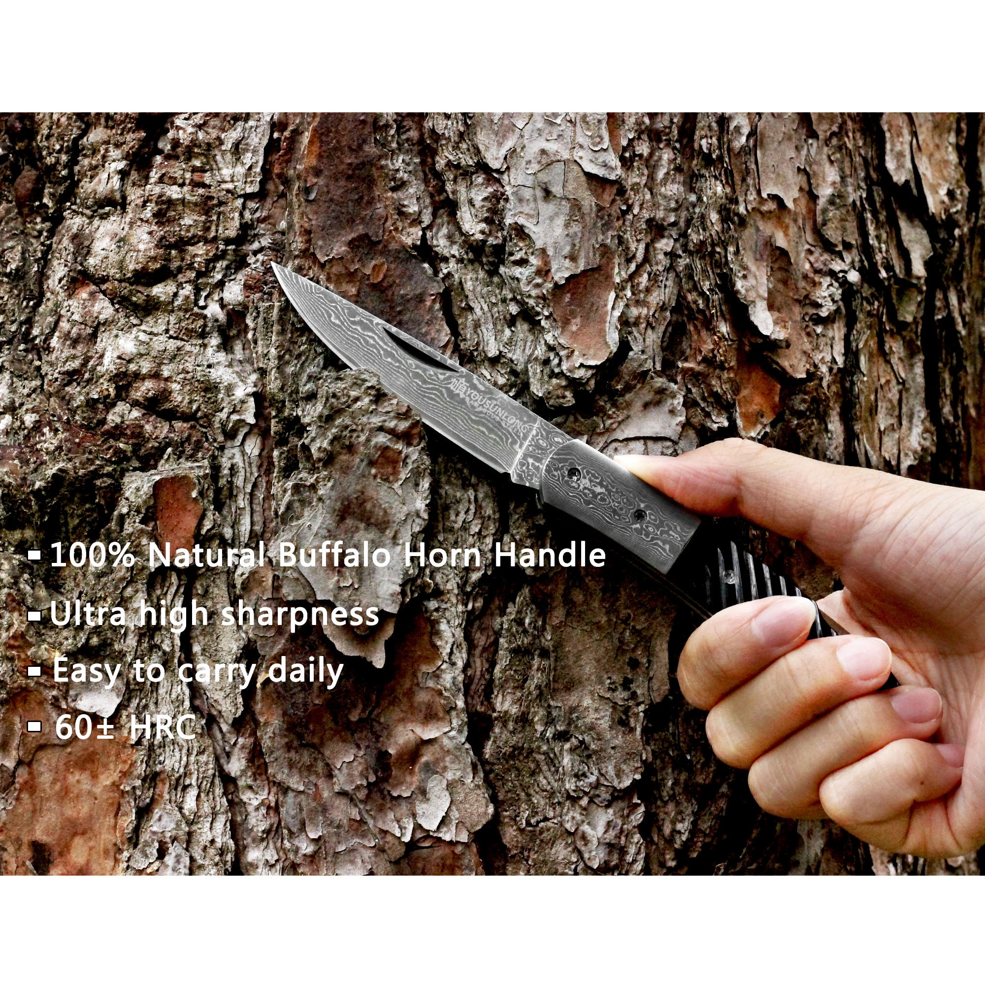 YOUSUNLONG Folding Knife - Camping Knife Overall 175mm Japanese Damascus Steel Buffalo Horn Handle
