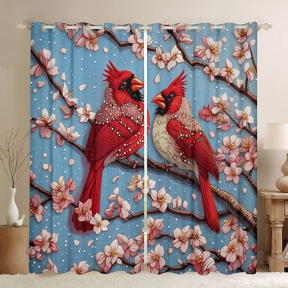 Homewish Cardinal Bird Black Out Curtains,Japanese Cherry Blossom Curtains Pack of 2 (42x63 Each),Pink Red Blue Bedroom Curtains For Girls Kids,Luxury Bedroom Decor