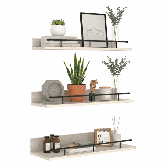 16 inch Floating Wall Shelves with Black Metal Guardrail Set of 3, Beige Wall Mounted Shelf for Bedroom Bathroom Kitchen Living Room, Different Sizes