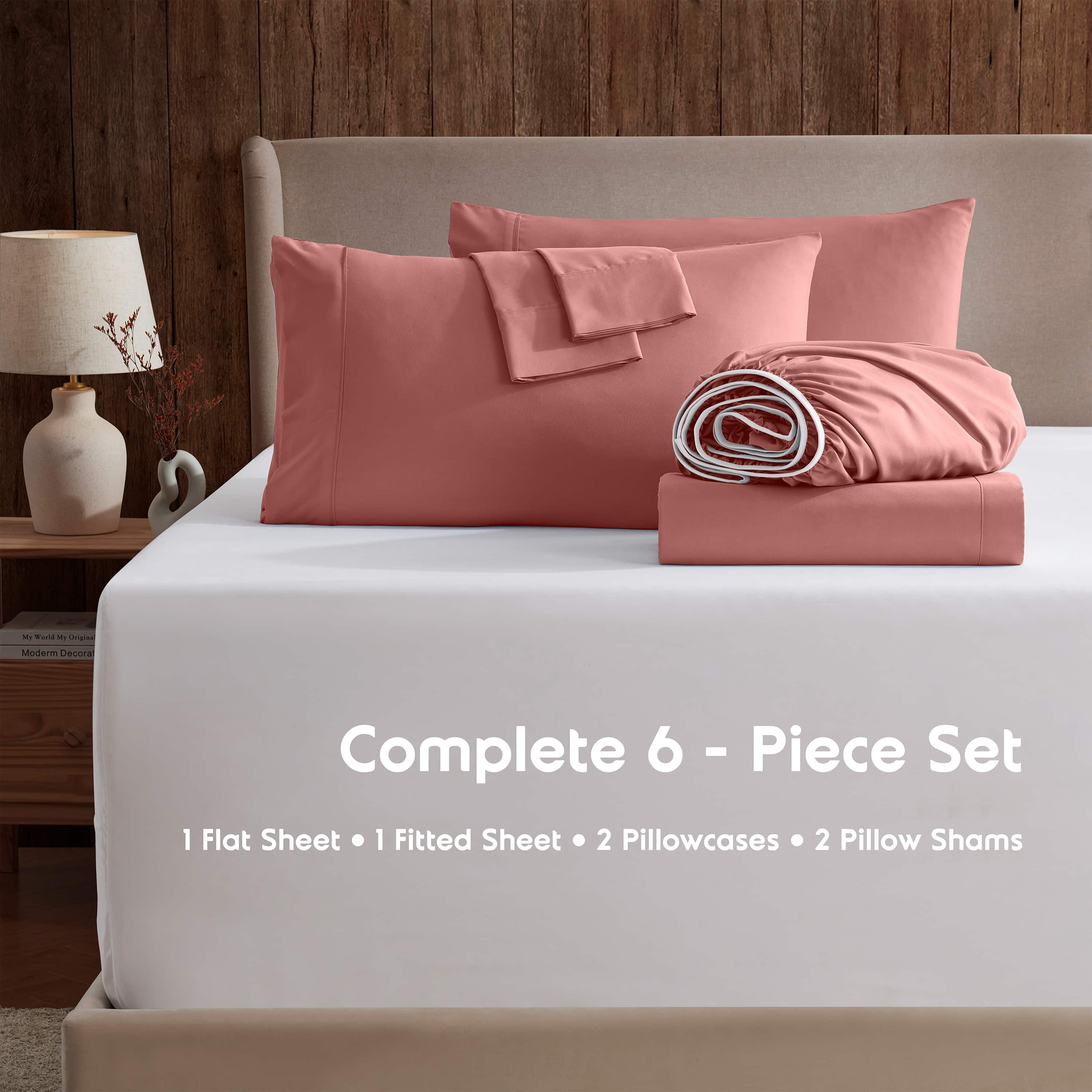 LammaLoe Extra Deep Pocket King Sheets set, Fits 18"-24" Mattress, 6 Piece Soft Microfiber Bed Sheet Sets, Pink Clay