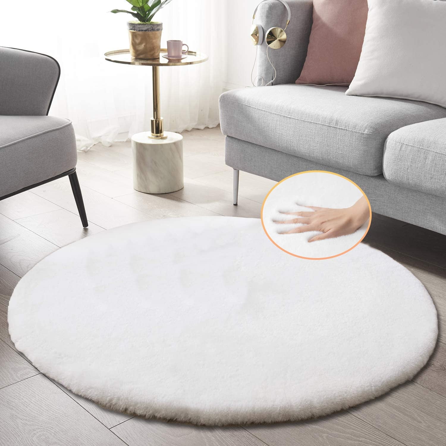 Latepis White Faux Fur Round Rug 4ft Fluffy Rabbit Fur Rug Machine