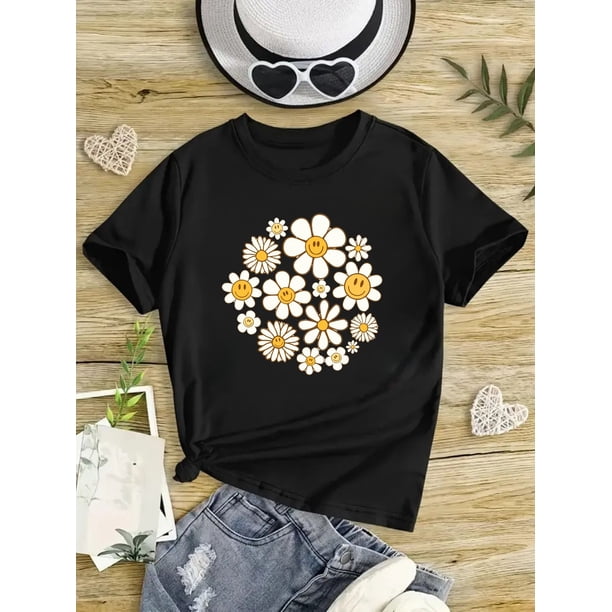 Girls' Cotton T-Shirt with Smiling Chrysanthemum Design - Casual, Lightweight, Short-Sleeved Top for Summer, Comfortable Fit, Knit Fabric, Summer Clothing | Floral Graphic Tee | Comfortable Fit Top