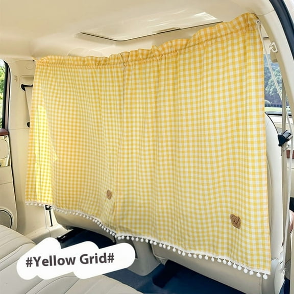 Car Divider Curtain - Wide Car Privacy Blackout Shades with Storage Bag for Baby Nap, Removable Sedan SUV Van Sunshade Covers Screen for Car Camping Sleeping Accessories（Grid Bear, yellow）