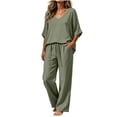 thumbnail image 2 of 2 Piece Outfits For Women, V Neck Pullover Blouse & Drawstring Pants Set, Solid Color Casual Summer Travel Clothes, Comfy Lounge Set With Pockets Army Green XL, 2 of 6
