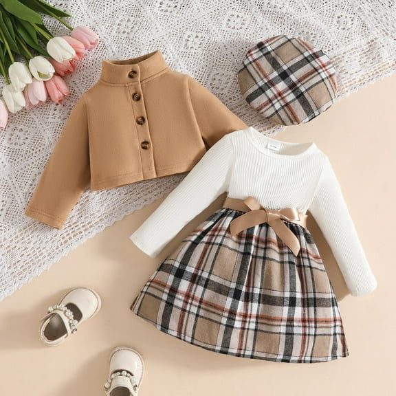 Trupants Infant Girl 12 Months 100% Cotton Khaki Plaid 3-Piece Outfit Set - Long-Sleeve Dress, Cropped Jacket & Matching Beret