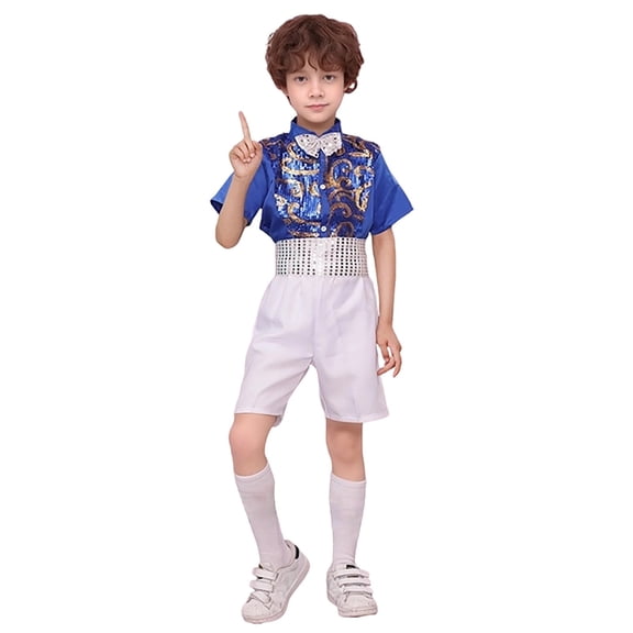 Kiijoy Boys Glitter Sequins Short Sleeve Shirt Shorts Performance Dance Outfits, Sizes 3-14