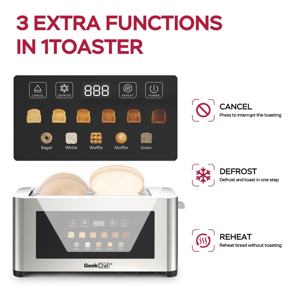 4-Slice Toaster with Extra-Wide Entrance - Stainless Steel Surface, LED Display Touch Panel, Automatic Shut-Off & Anti-Jam, Easy Clean & Cord Storage for Family