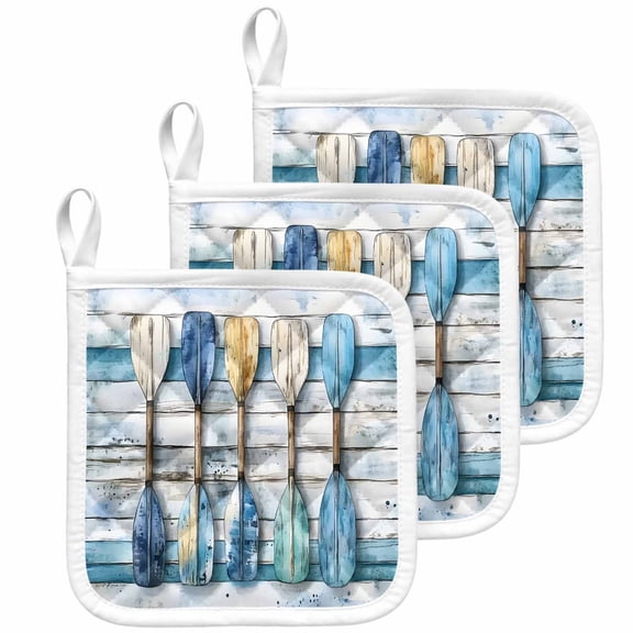 Lake Paddle Striped Pot Holders for Kitchen Heatproof Potholder, 3 Pack Watercolor Vintage Wood Grain Hot Pads Multipurpose Oven Pads Cloth Potholders Trivet for Cooking Baking
