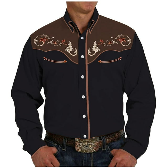 Mens Summer Shirts Western Cowboy Shirts Long Sleeve Embroidered Button Down Shirt With Pockets Oversized Tshirt Men Gold M