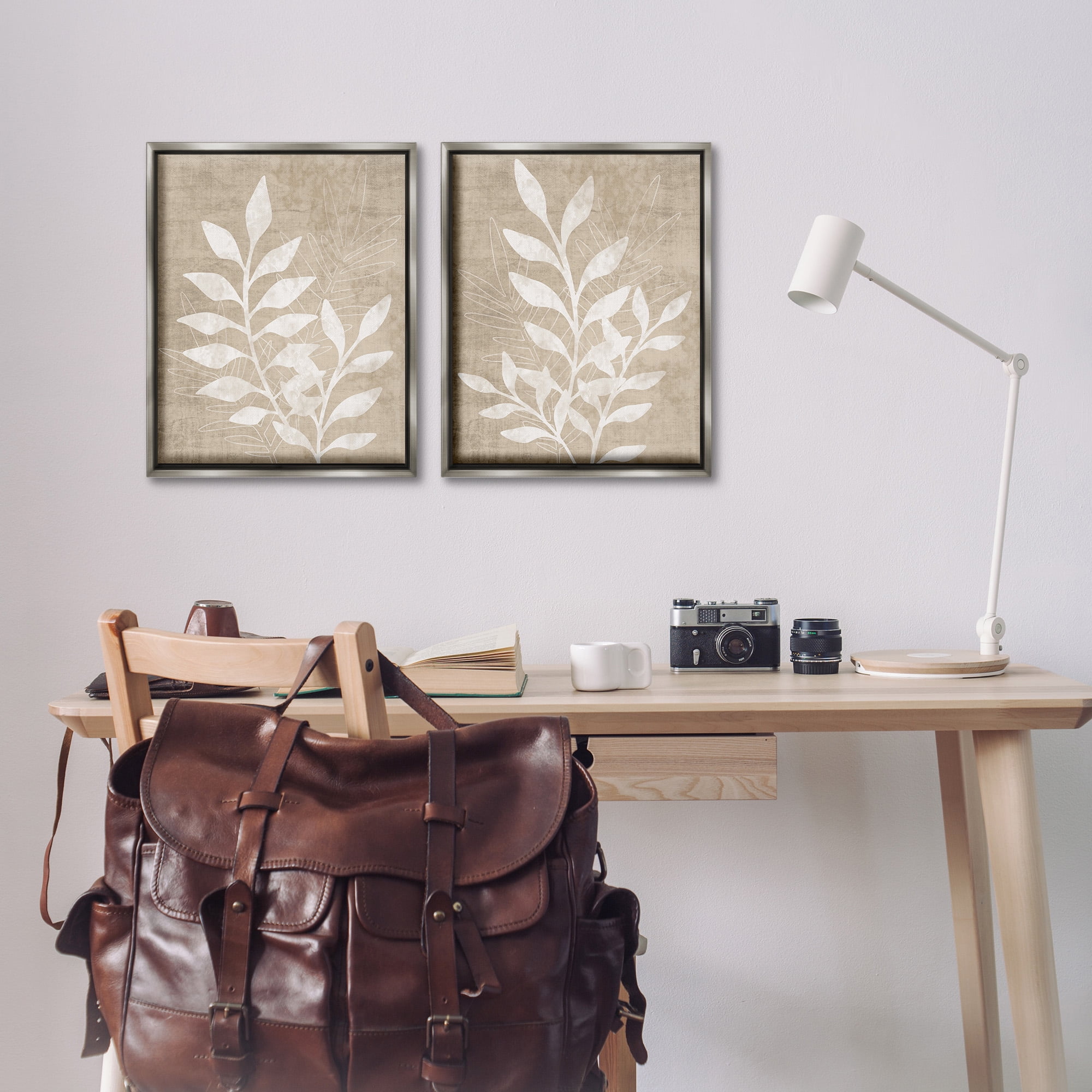 Stupell Industries Boho Botanical Leaf Silhouette Botanical & Floral Painting Gray Floater Framed Canvas Art Print Wall Art, 17 x 21, Set of 2